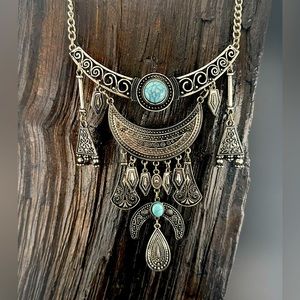 Bohemian Silver Necklace with Turquoise Accent